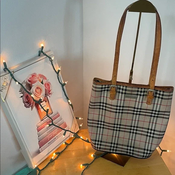 BurberryS Blue Label Plaid Tote Bag with Tan Accents - Picture 1 of 16